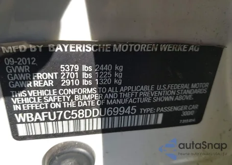 2013 BMW 535I xDrive из США, поврежденный, VIN WBAFU7C58DDU69945